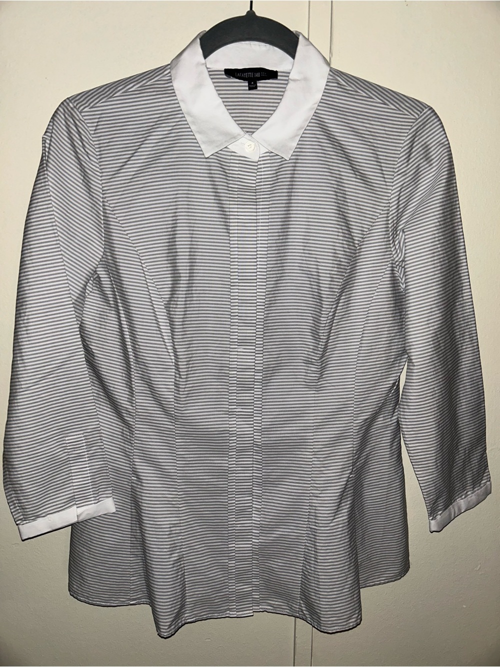 Lafayette 148 New York White and Gray Striped Dress Shirt